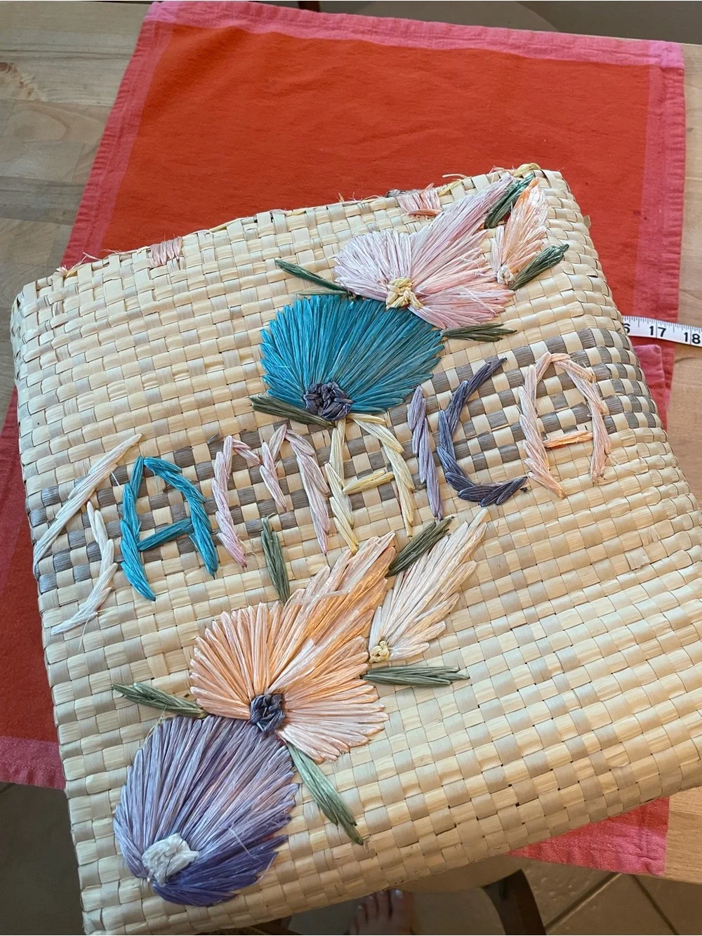 Vintage Raffia Satchel with Multicolor Floral “Jamaica” Straw Embroidery
